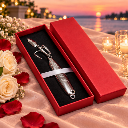 A silver metal gift tool presented in an open red box with a black insert, tied with a white ribbon. The box is set on a draped beige fabric beside roses, red petals, and lit candles, with a sunset over water in the background.