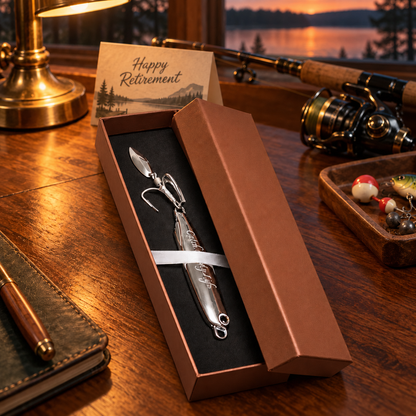 A silver metal fishing lure presented in an open brown gift box on a wooden table, with a card reading 'Happy Retirement' and fishing-themed props around it.