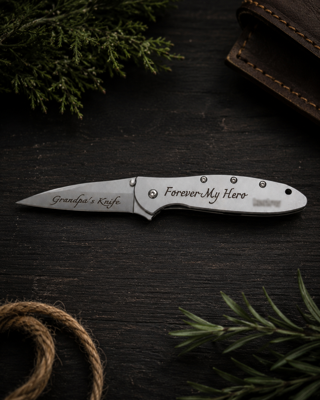A personalized stainless steel folding pocket knife with engraved text 'Grandpa's Knife' and 'Forever My Hero' on the handle, displayed on a dark wooden surface with rustic greenery and a leather sheath.