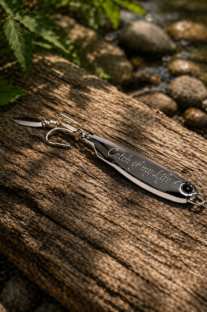 A silver metal fishing lure with a hook attached, resting on a textured wooden log outdoors near rocks and green leaves. The lure is engraved with the phrase 'Catch of my Life'.