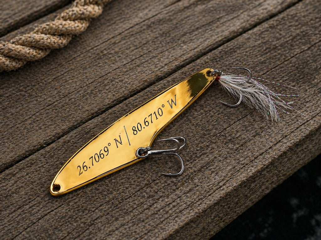 A gold metal fishing lure engraved with geographic coordinates, resting on a weathered wooden surface with a rope visible in the upper left.