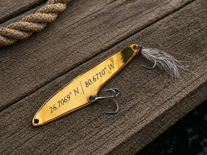 A gold metal fishing lure engraved with geographic coordinates, resting on a weathered wooden surface with a rope visible in the upper left.