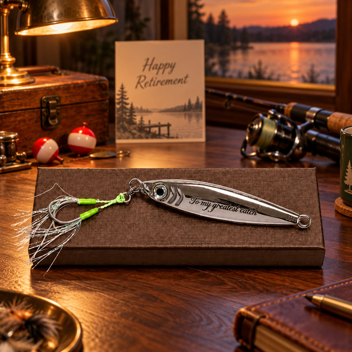 A silver metal fishing lure engraved with 'To my faithful catch' rests on a brown presentation box on a wooden table. The scene is styled with fishing rods, a lamp, a 'Happy Retirement' card, and a sunset lake window in the background.