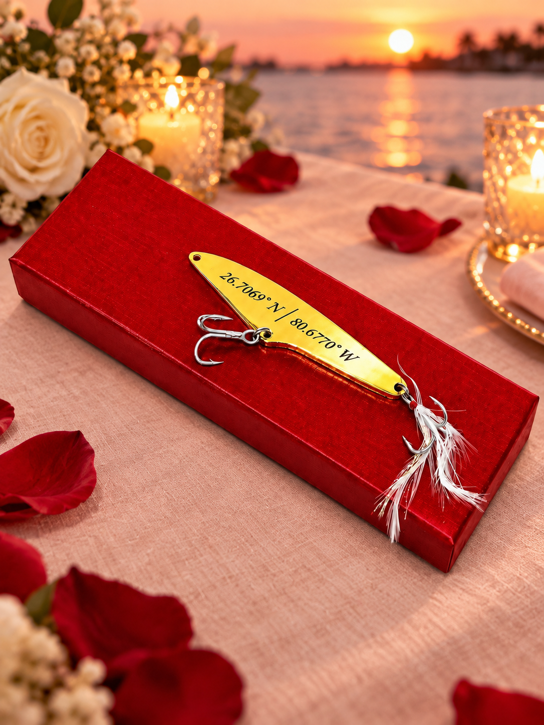 A yellow fishing lure engraved with names and a feather attached, presented on a red gift box over a romantic sunset beach table setting with candles, rose petals, and flowers.