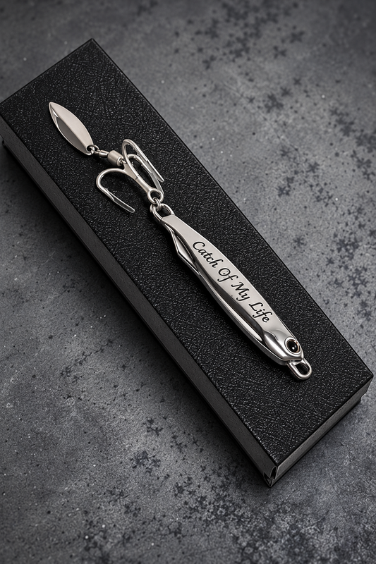 A silver-toned metal keepsake pendant shaped like a fishing lure, engraved with the words 'Cruel of My Life', resting on a textured black presentation box over a dark gray stone surface.