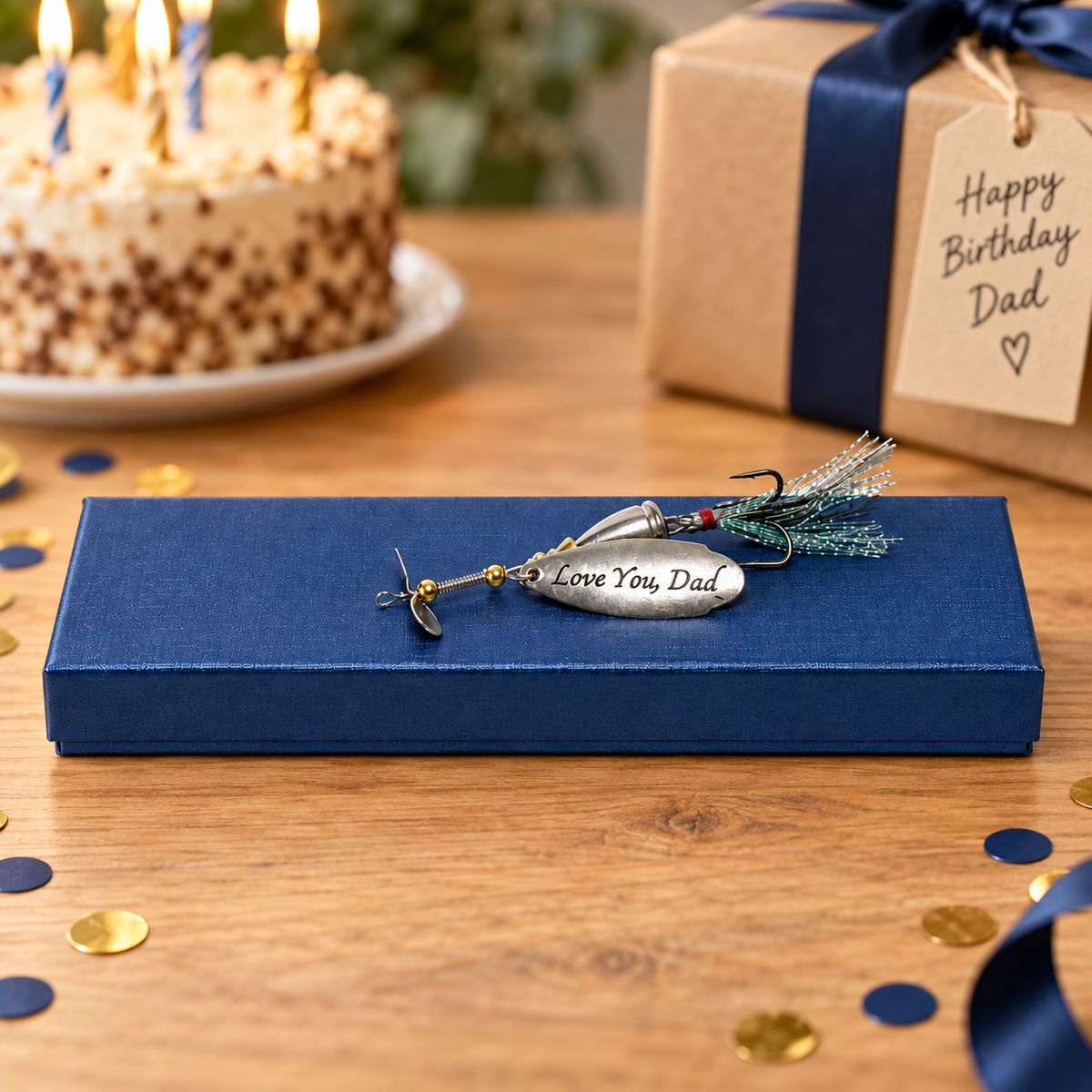 Silver fishing lure engraved “Love You, Dad” on a blue gift box, with birthday cake, wrapped present, and gold confetti in the background.
