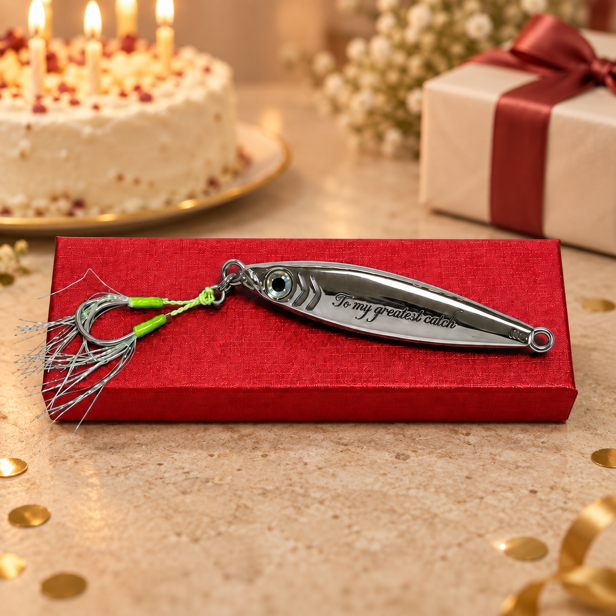 A silver metal fishing lure engraved with 'To my greatest finder' rests on a red gift box, with a blurred birthday cake, wrapped gift, and warm festive background.
