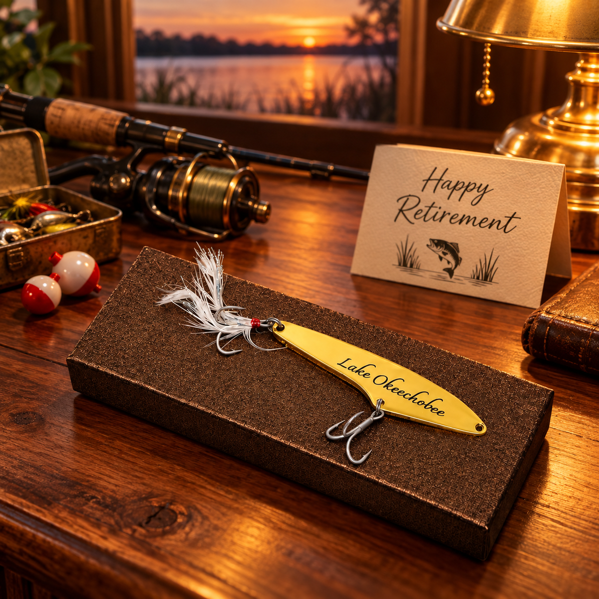 A yellow custom fishing lure with white feathers and silver hooks rests on a textured brown gift box on a wooden table. The scene is styled with a fishing rod, bobbers, a 'Happy Retirement' card, and a warm lamp, with a sunset lake framed in the background.