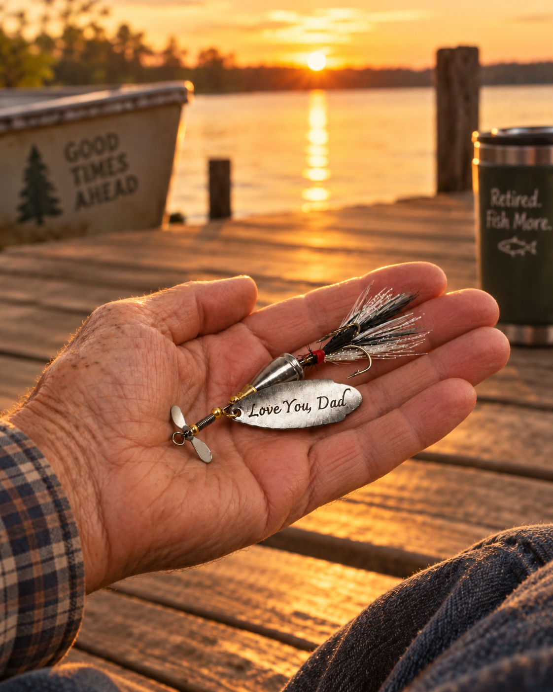 A close-up of a person's hand holding a custom fishing lure engraved with 'Love You, Dad' against a warm sunset background on a wooden dock.