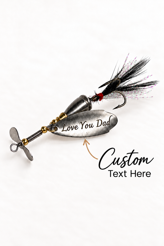 A metal spinnerbait fishing lure with a black and silver feather tail, shown on a white background with a text overlay that reads 'Love You Dad' and 'Custom Text Here'.
