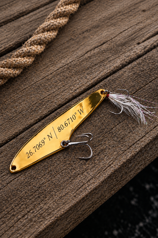 A gold metal fishing lure with engraved coordinates, a treble hook, and a white feather tail, resting on a weathered wooden surface.