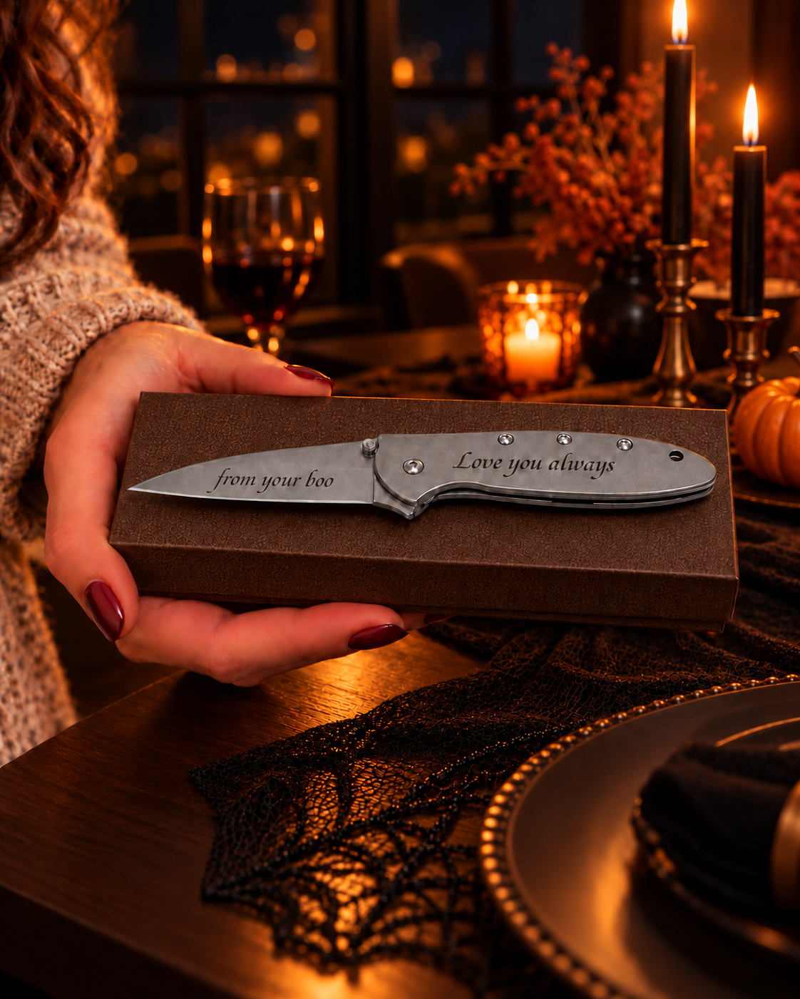 A silver folding pocket knife engraved with 'from your love' and 'Love you always' is held in a person's hand over a brown gift box, set against a warm, candle-lit dinner table background.