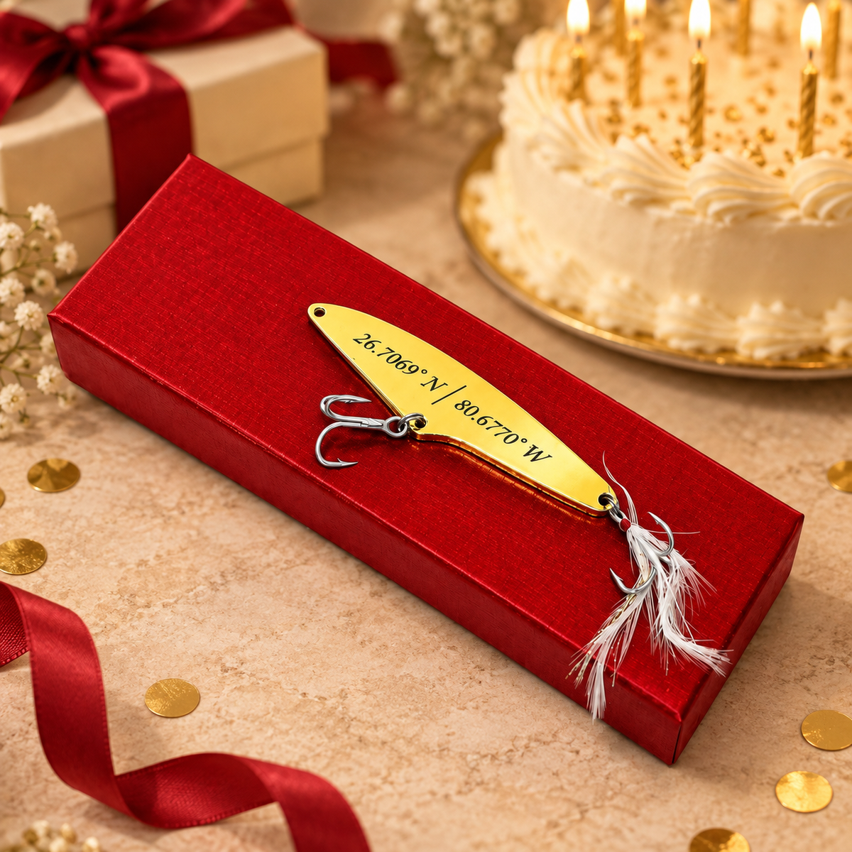 A gold engraved fishing lure with a red tail and white feathers rests on a red gift box, styled on a beige surface with confetti, a red ribbon, a gift box, and a birthday cake in the background.