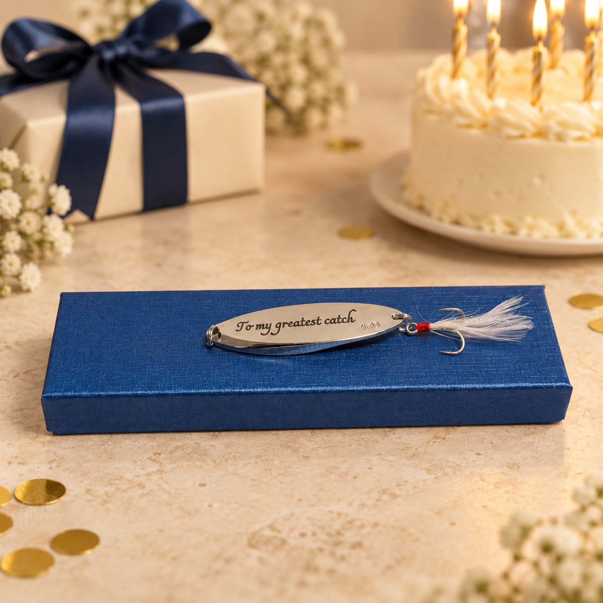 A silver metal fishing lure engraved with 'To my greatest catch' rests on a textured blue gift box. The scene is styled for a birthday or celebration, with a cream-colored cake with lit candles, a wrapped gift box with a navy ribbon, and gold confetti scattered on a beige stone surface.