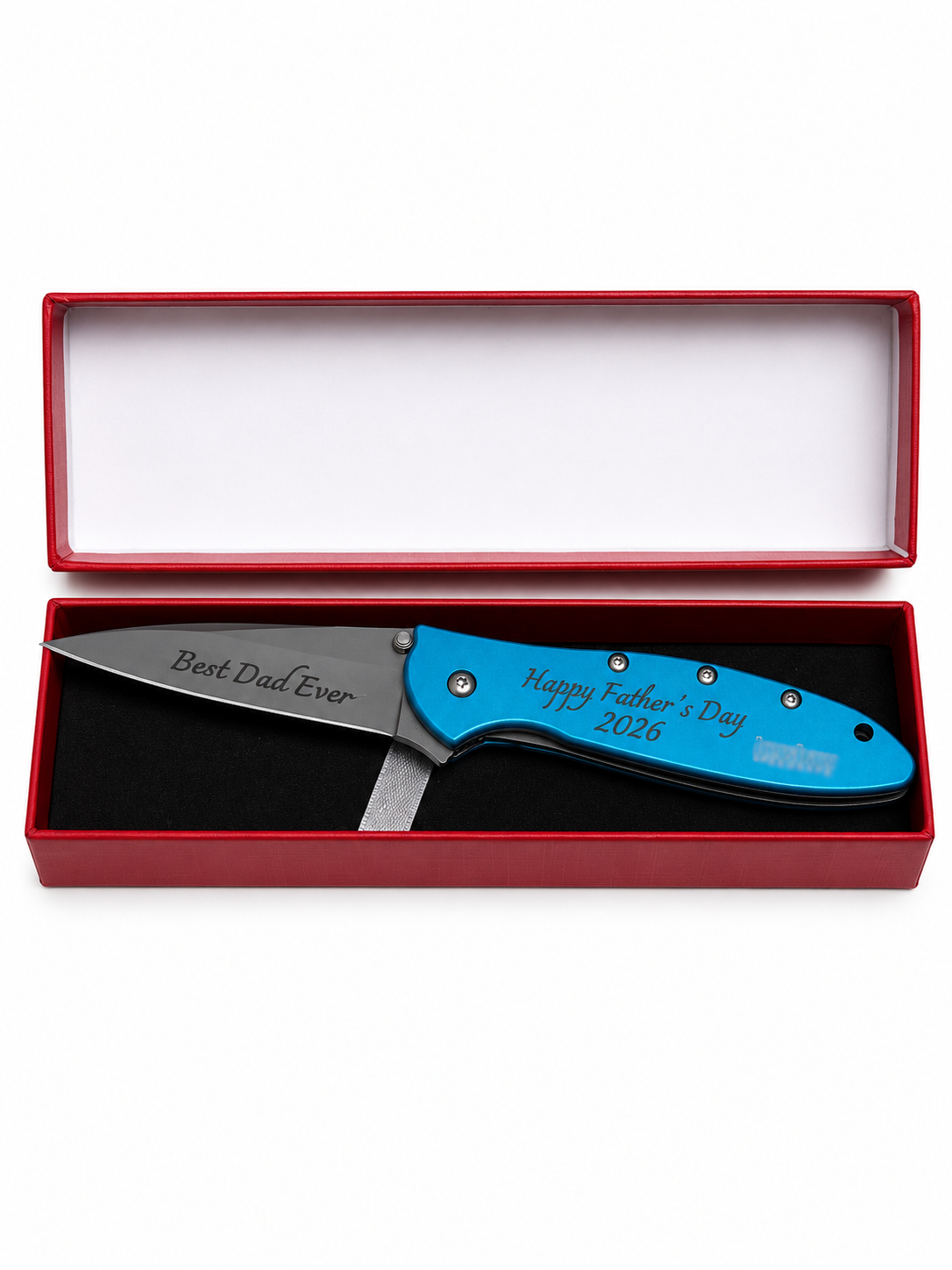 A personalized folding pocket knife with a bright blue handle and a silver blade, presented inside an open red gift box with a white interior. The handle is engraved with 'Happy Father's Day 2026' and the blade is engraved with 'Best Dad Ever'.