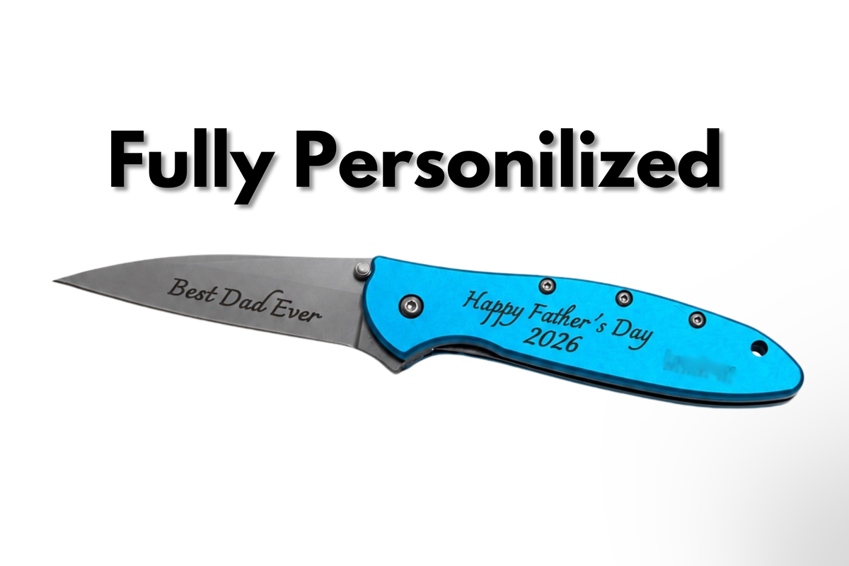 A custom pocket knife with a bright blue handle and a silver blade, featuring engraved text 'Best Dad Ever' on the blade and 'Happy Father's Day 2026' on the handle. The text 'Fully Personilized' is written in bold black letters above the knife on a white background.